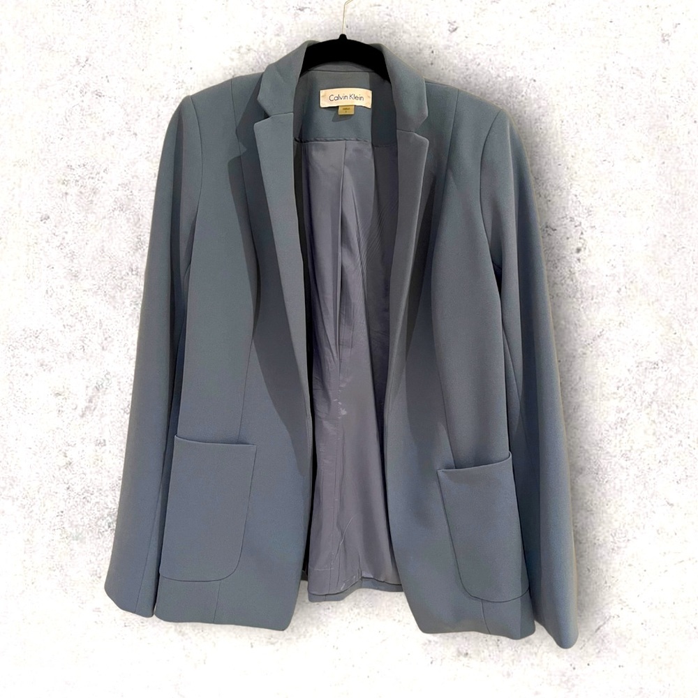 Calvin Klein Women’s Open Blazer with Shoulder Pads Blue-Grey Teal